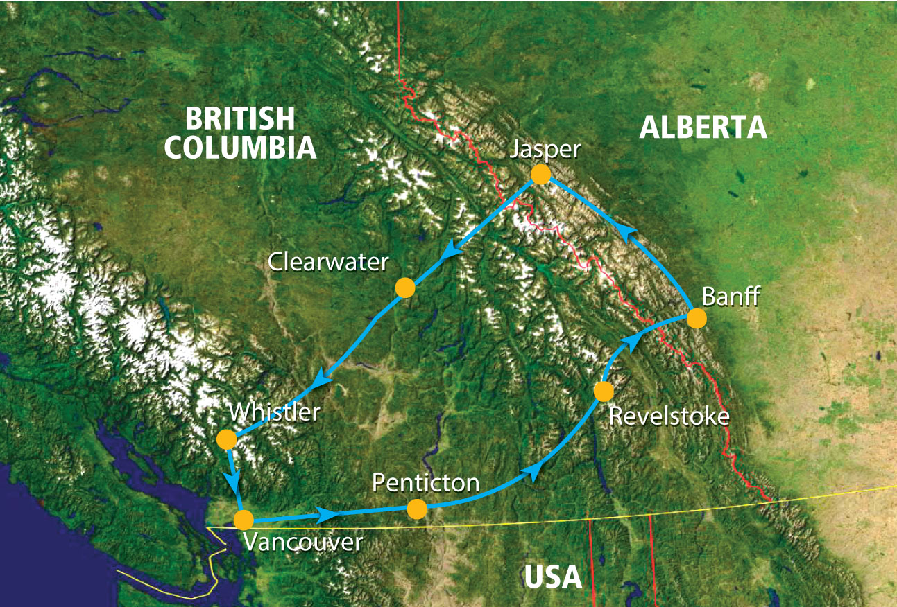 Mapa ruta Grandes Parques del Oeste: Vancouver, Penticton, Revelstoke, Banff, Jasper, Clearwater, Whistler